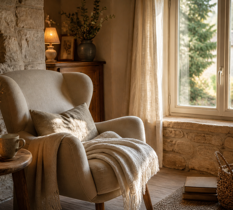 Futurs services et détente à L'Écrin Coin détente chaleureux avec fauteuil, plaid et lumière douce pour illustrer les futurs services de L'Écrin des Deux Charentes