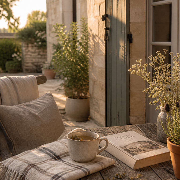 Coin détente avec tasse d'infusion Rituels de l'Écrin, plaid et lumière douce pour évoquer les futurs moments de bien-être de l'Écrin