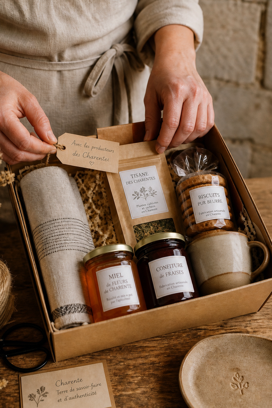 Coffret de produits locaux avec infusion, biscuits et attentions artisanales pour les partenaires de l'Écrin des Deux Charentes.