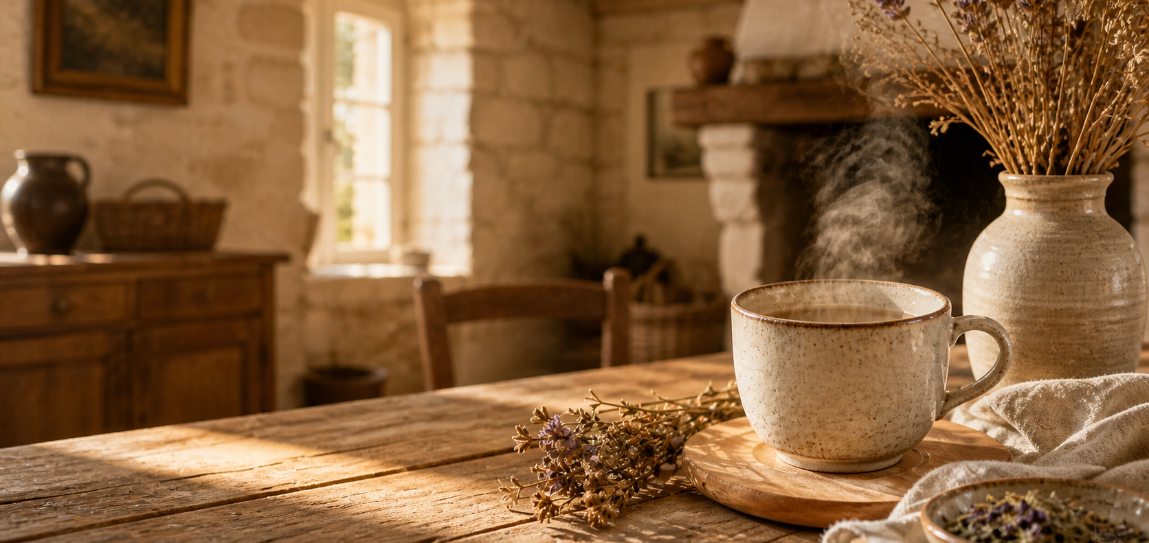 Tasse infusion posée table charentaise avec mur de pierre