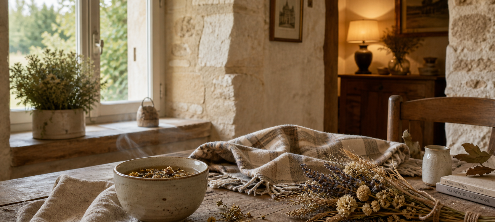 Ambiance cocooning du projet L'Écrin Ambiance chaleureuse en maison de caractère avec pierre, bois et infusion pour illustrer le projet L'Écrin des Deux Charentes.
